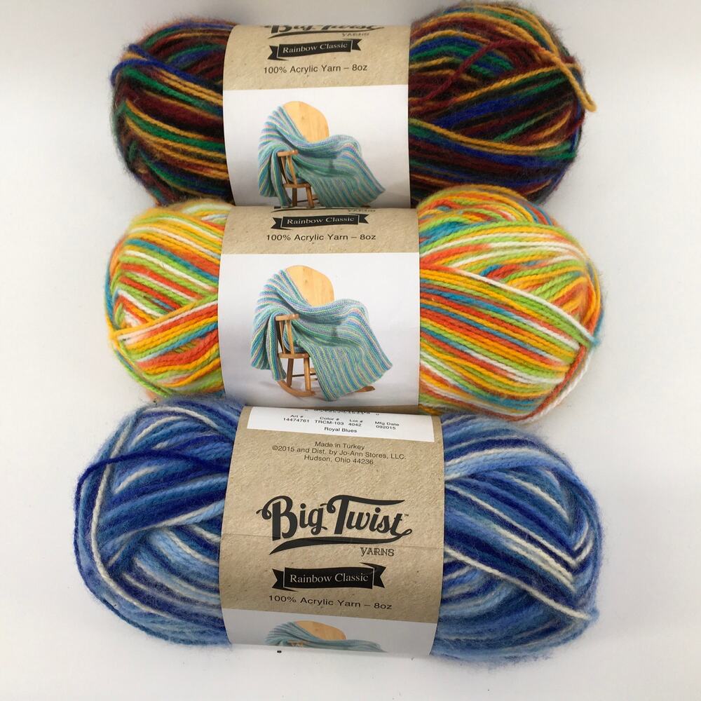 3 Skein Lot Big Twist Rainbow Classic Yarn Variegated Striping Acrylic Crochet